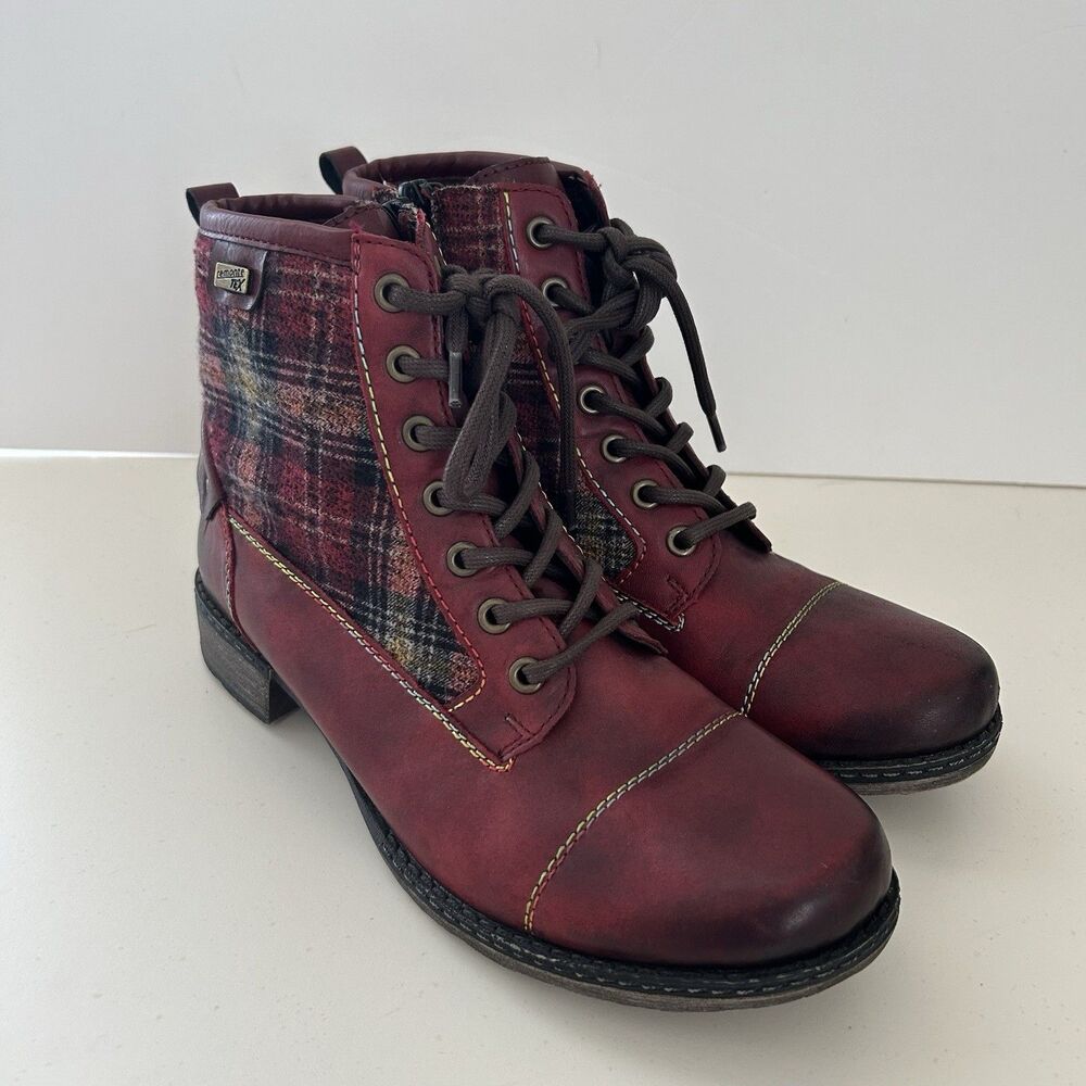 Remonte Peetart Tex Burgundy Red Leather Ankle Boots Size 39 US 8 Tartan Plaid